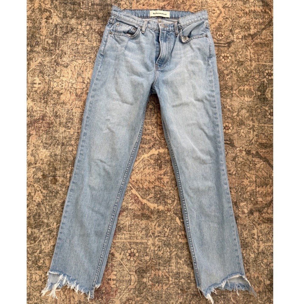 Reformation High Rise Straight Leg Raw Hem Jeans Light Wash Blue Size 27
